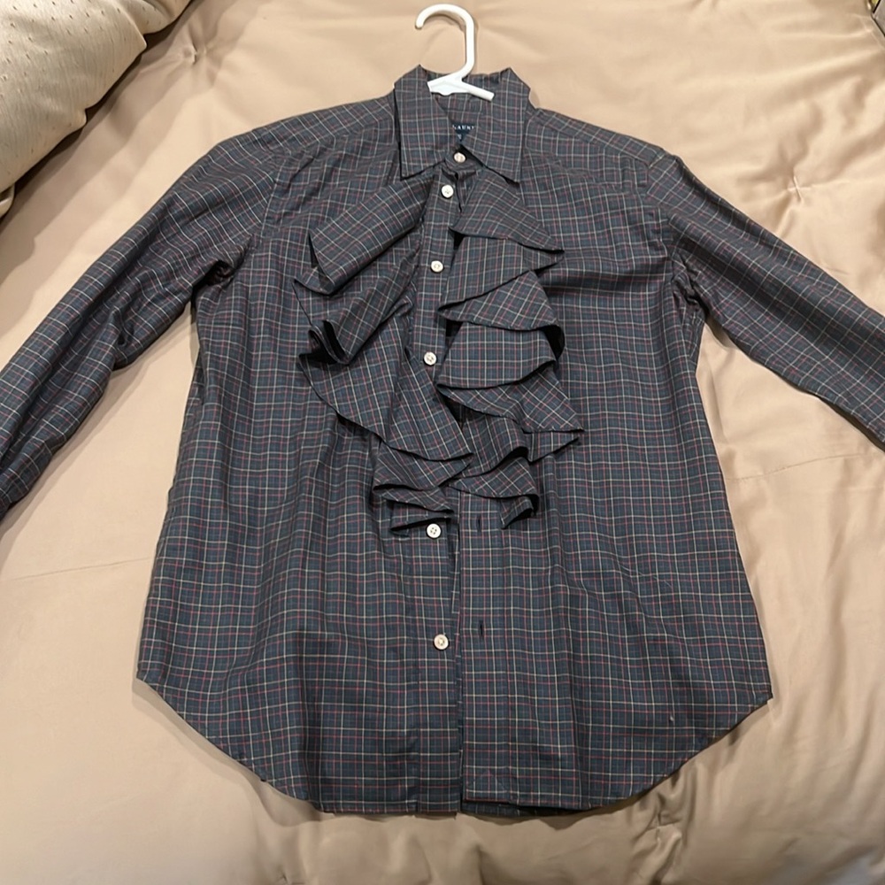 Ralph Lauren plaid ruffle front blouse size 6